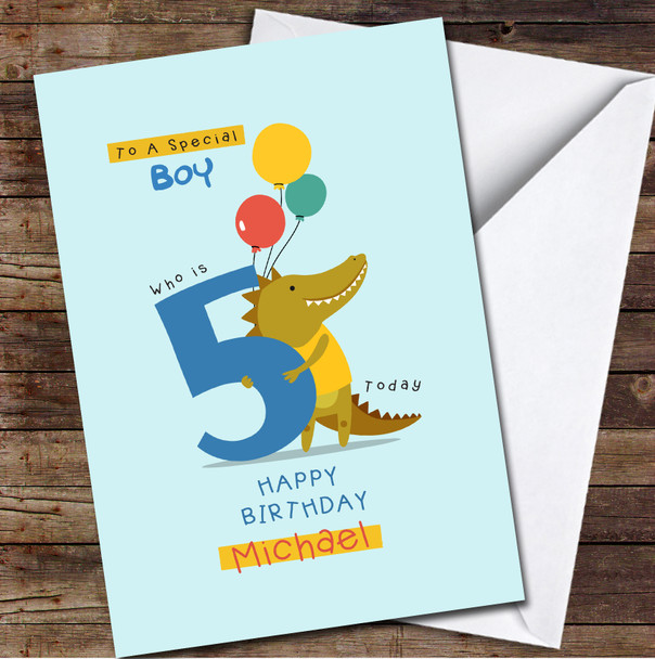 5th Boy Cute Crocodile Holding Number Five Any Age Personalised Birthday Card