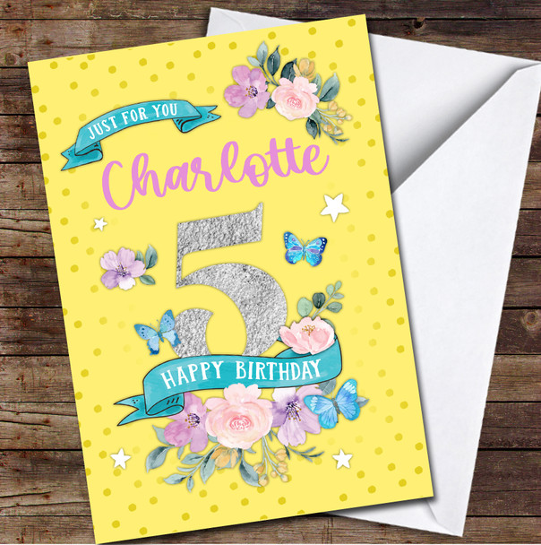 5th Girl Female Flowers Butterfly Yellow Any Age Personalised Birthday Card