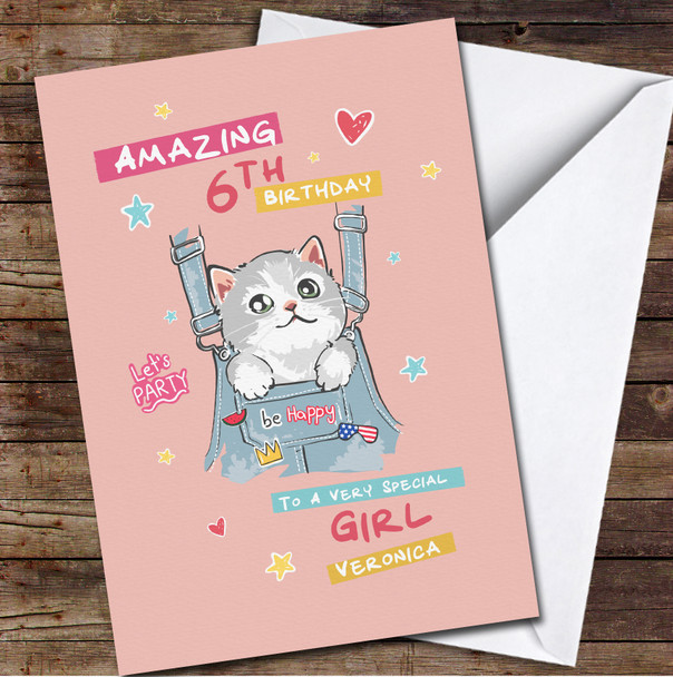 6th Girl Cute Little Kitten In Front Pocket Any Age Personalised Birthday Card