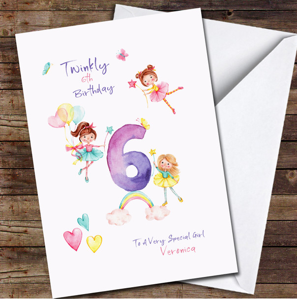 6th Girl Watercolour Cute Little Ballerinas With Magic Wands Birthday Card