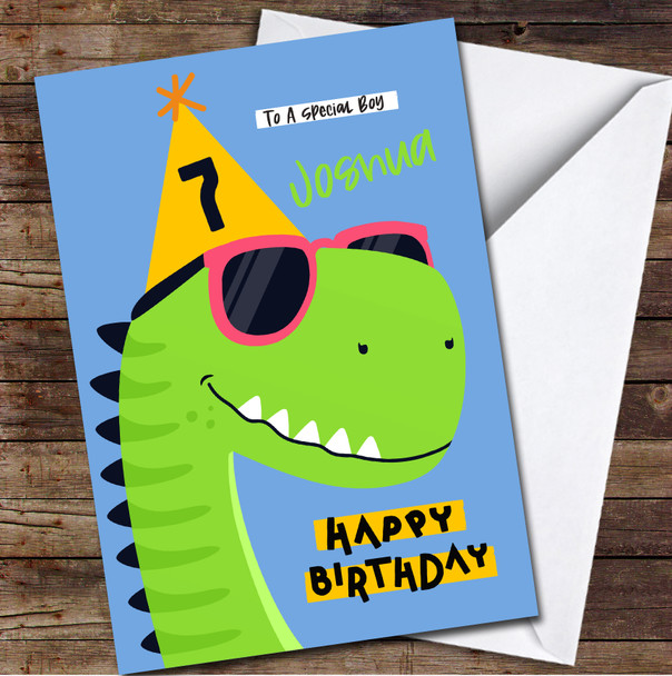 7th Boy Dinosaur With Sunglasses Any Age Personalised Birthday Card