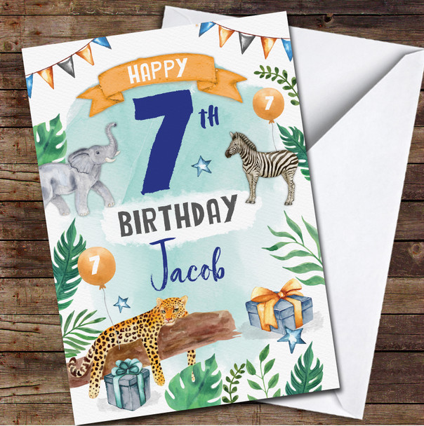 7th Boy Male Animal Jungle Wild Party Gift Any Age Personalised Birthday Card