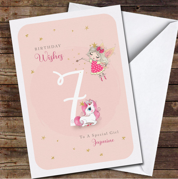 7th Girl Cute Fairy Girl And Unicorn Any Age Personalised Birthday Card