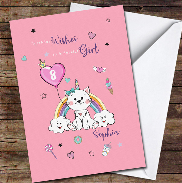 8th Girl Cute Unicorn Cat With Rainbow Any Age Personalised Birthday Card