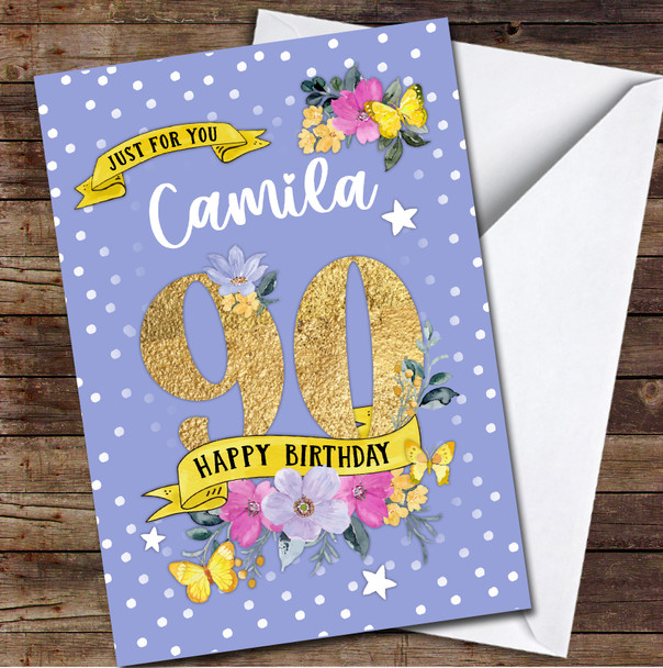 90th Female Flowers Butterfly Purple Any Age Personalised Birthday Card