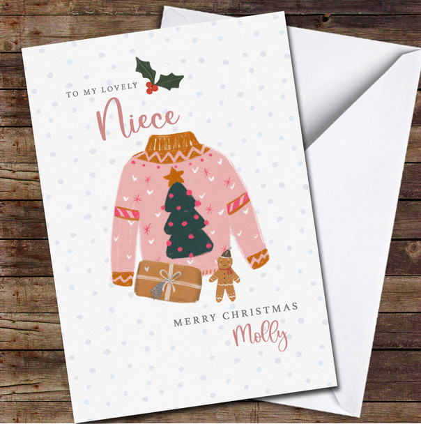 Niece Cute Pink Jumper Any Text Personalised Christmas Card