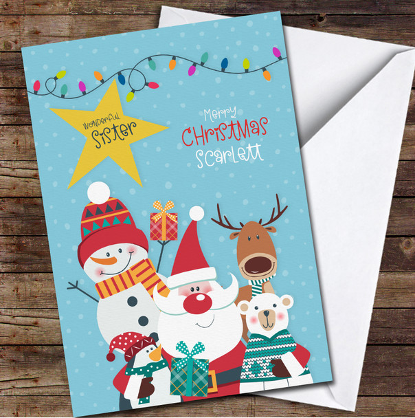 Sister Cute Characters Any Text Personalised Christmas Card