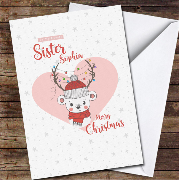 Sister Cute Little Bear With Deer Horns Any Text Personalised Christmas Card