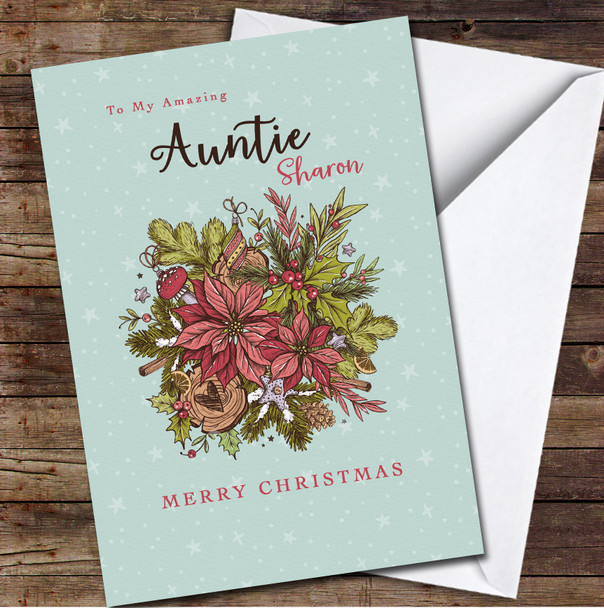 Auntie Christmas Decorations Flowers Green Background Any Text Christmas Card