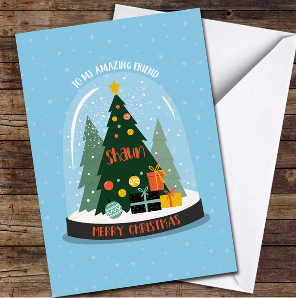 Friend Glass Snow Globe With Tree Any Text Personalised Christmas Card