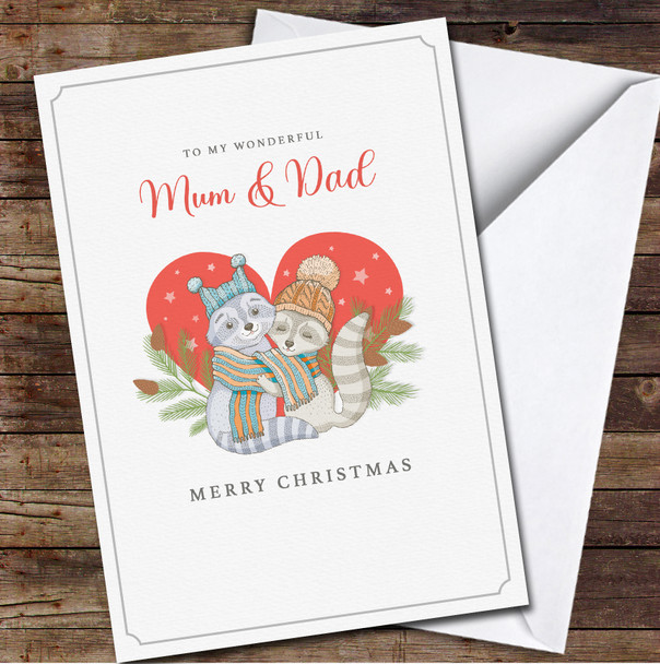 Mum & Dad Cute Raccoon Couple White Background Any Text Christmas Card