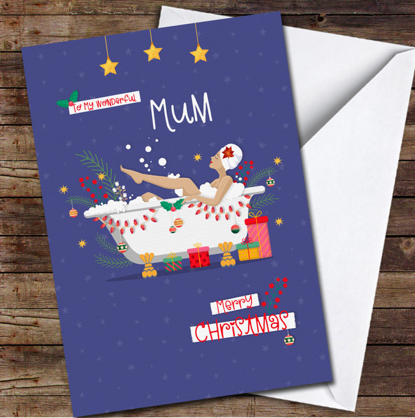 Mum Woman Taking A Bath With Bubble Any Text Personalised Christmas Card