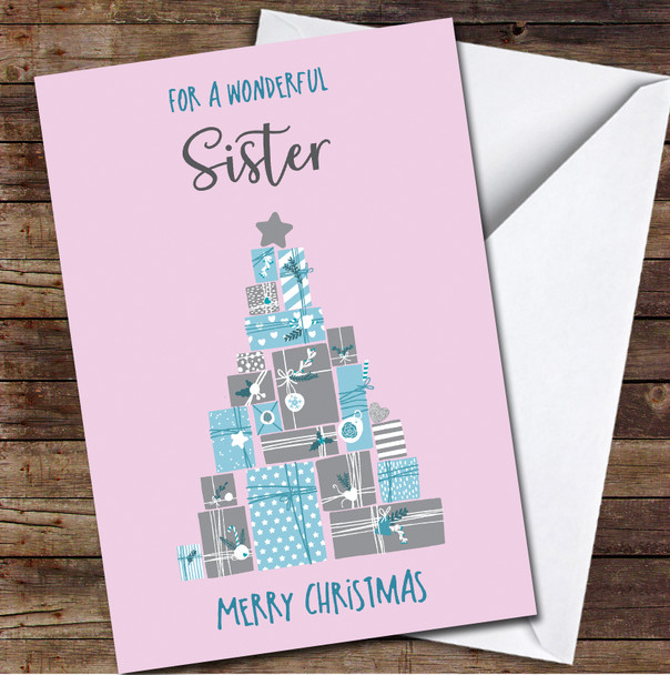 Sister Gift Present Tree Blue Modern Merry Any Text Personalised Christmas Card
