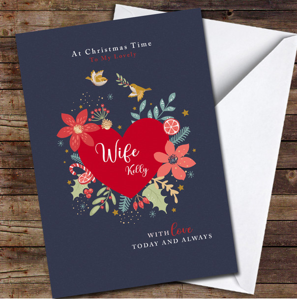 Wife Floral Heart Any Text Personalised Christmas Card