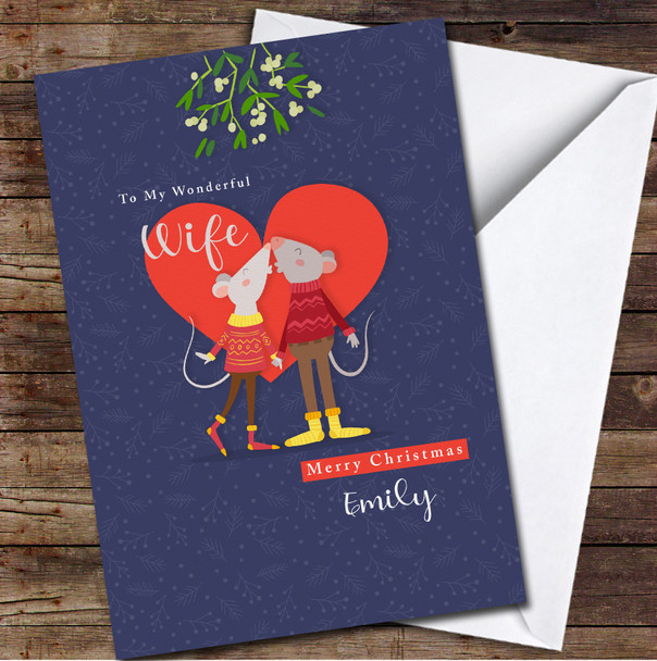 Wife Mice Couple Kissing Under Mistletoe Any Text Personalised Christmas Card