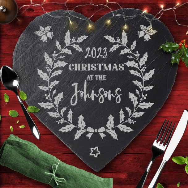 Holly Wreath Family Name Year Heart Personalised Christmas Slate Placemat