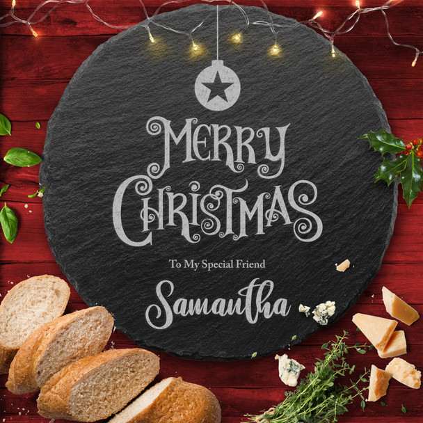 Bauble With Star Any Names Text Round Personalised Christmas Slate Cheese Board