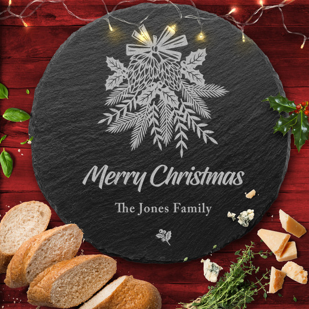 Winter Plants Round Any Text Personalised Engraved Christmas Slate Cheese Board