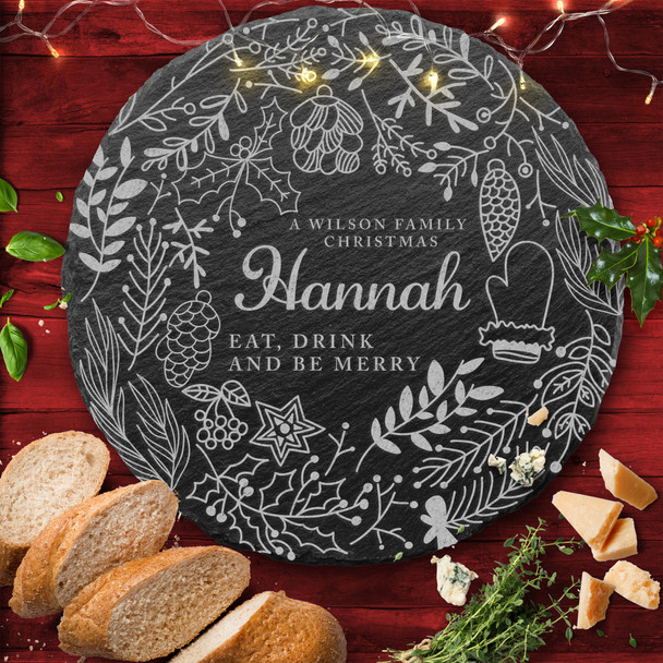 Winter Wreath Any Text Round Personalised Engraved Christmas Slate Cheese Board