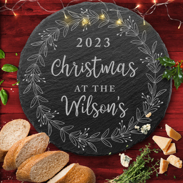 Wreath Any Names & Text Round Personalised Engraved Christmas Slate Cheese Board
