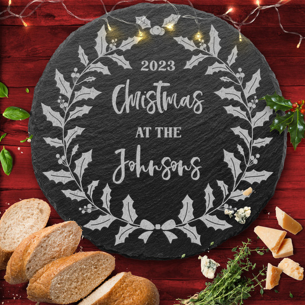 Wreath Any Text Round Personalised Engraved Christmas Slate Cheese Board