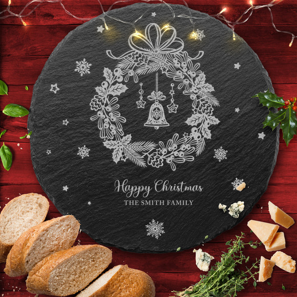 Wreath Snowflakes Round Any Text Personalised Christmas Slate Cheese Board