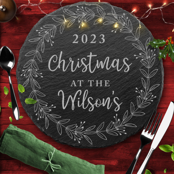 Wreath Any Names & Text Round Personalised Engraved Christmas Slate Placemat