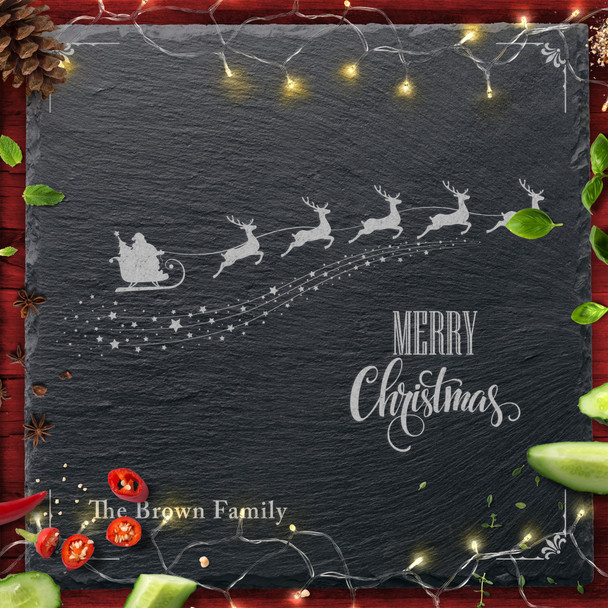 Santa Sleigh Any Text Square Personalised Christmas Slate Chopping Board