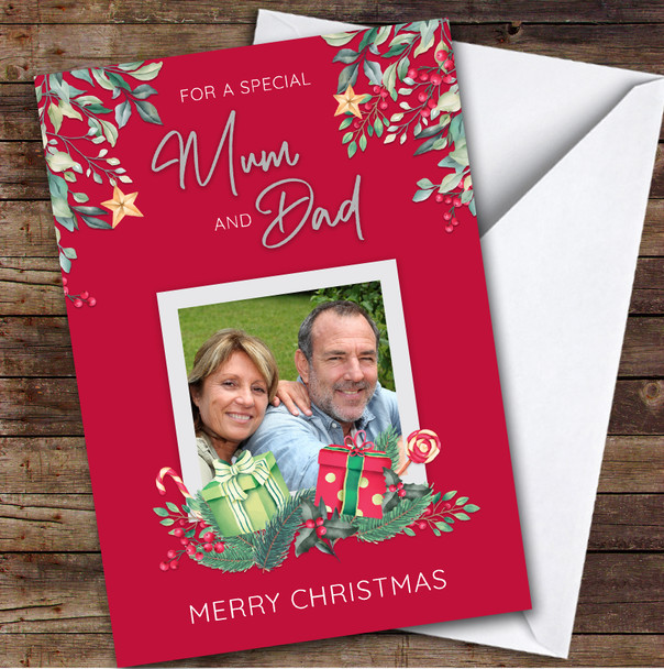 Special Mum And Dad Gifts Holly Traditional Photo Personalised Christmas Card