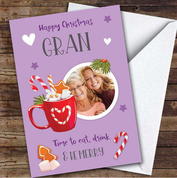 Gran Purple Hot Chocolate Eat Drink & Be Merry Photo Personalised Christmas Card