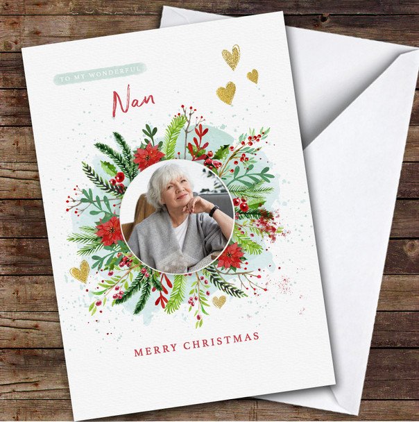 Wonderful Nan Christmas Floral Photo Holly Frame Personalised Christmas Card