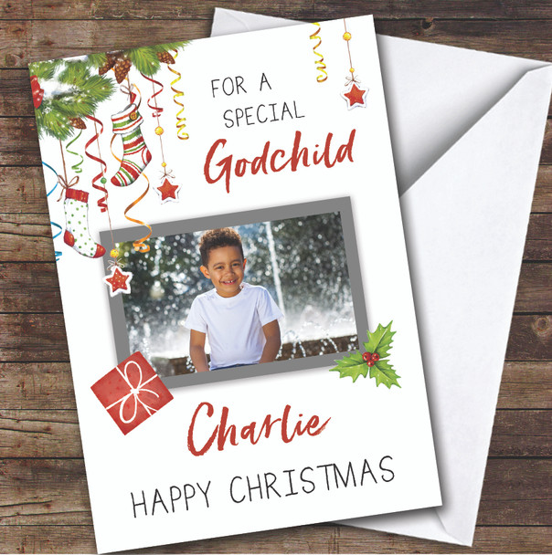 Special Godchild Stockings Decoration Photo Gift Personalised Christmas Card