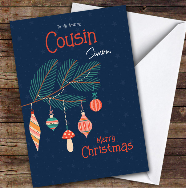 Amazing Cousin Navy Christmas Branch Tree With Balls Personalised Christmas Card
