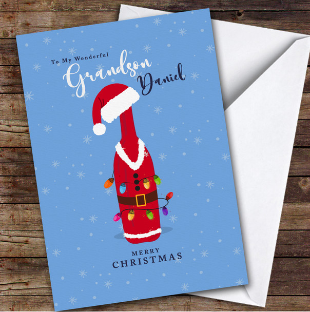 Wonderful Grandson Christmas Bottle Santa Hat Lights Personalised Christmas Card