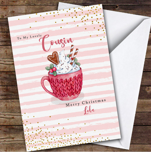 Cousin Cocoa Cream Gingerbread Cookies Stripes Gold Personalised Christmas Card