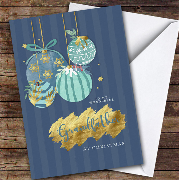 Grandfather Christmas Blue And Gold Balls Sparkle Personalised Christmas Card