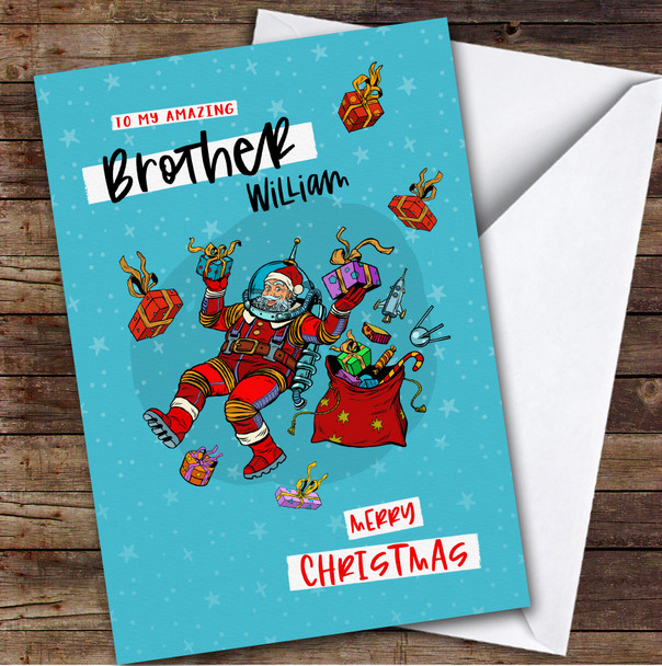 Amazing Brother Funny Santa Astronaut Gifts Snow Personalised Christmas Card