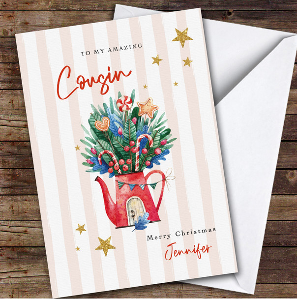 Cousin Gold Stars Watercolour Pot Jolly Bouquet Personalised Christmas Card