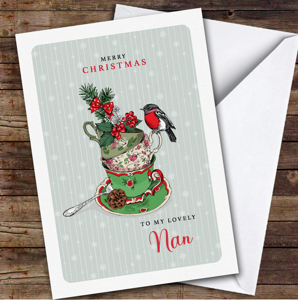 Lovely Nan Cups With Bird Green Stripes Sparkle Personalised Christmas Card