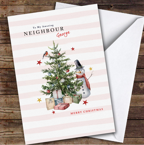 Neighbour Tree Watercolour Stripes With Snowman Personalised Christmas Card
