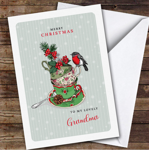 Grandma Green Sparkle Christmas Cups With Bird Personalised Christmas Card