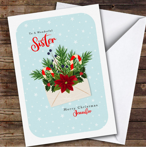 Wonderful Sister Envelope With Flowers Stars Personalised Christmas Card