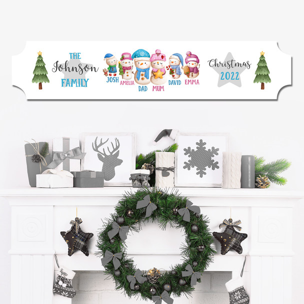 White Snowman Family Names Characters Children Christmas Personalised Sign