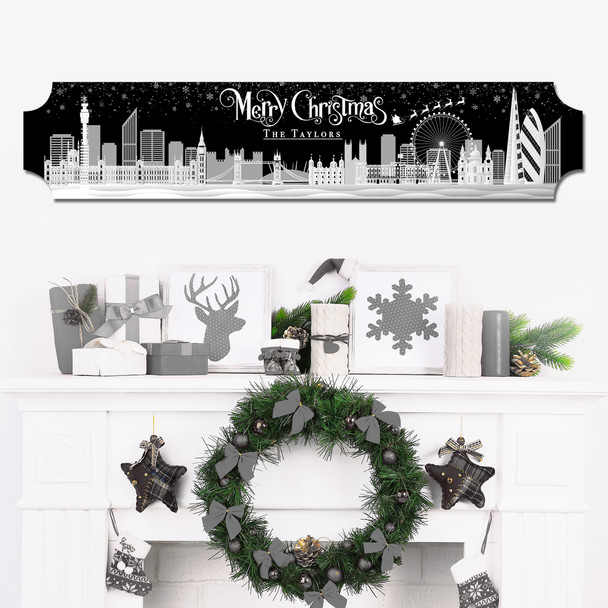 Black Christmas Cityscape Of London Santa Sleigh Family Name Personalised Sign