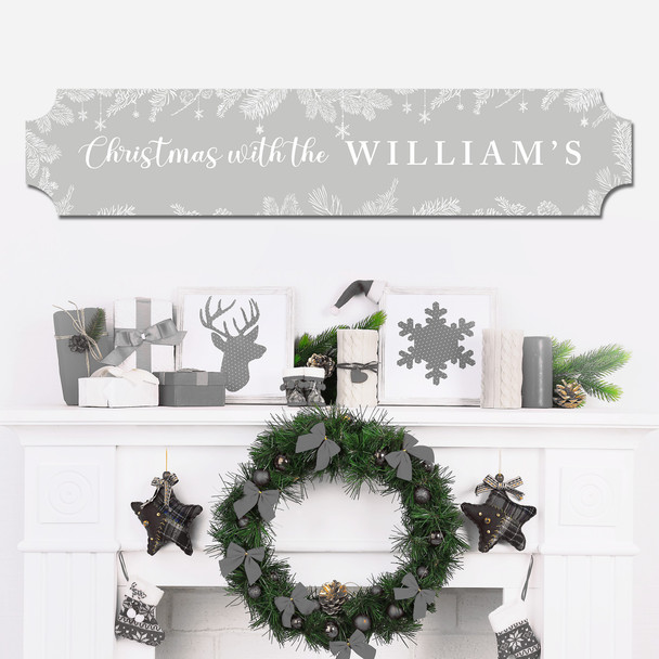 Grey Christmas Floral Any Surname Family Name Home Train Style Personalised Sign