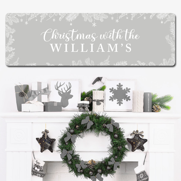 Grey Christmas Floral Any Surname Family Name Large Home Personalised Sign