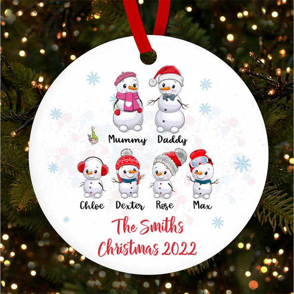 Snowman Family Of 6 Round Bauble Personalised Christmas Tree Ornament Decoration