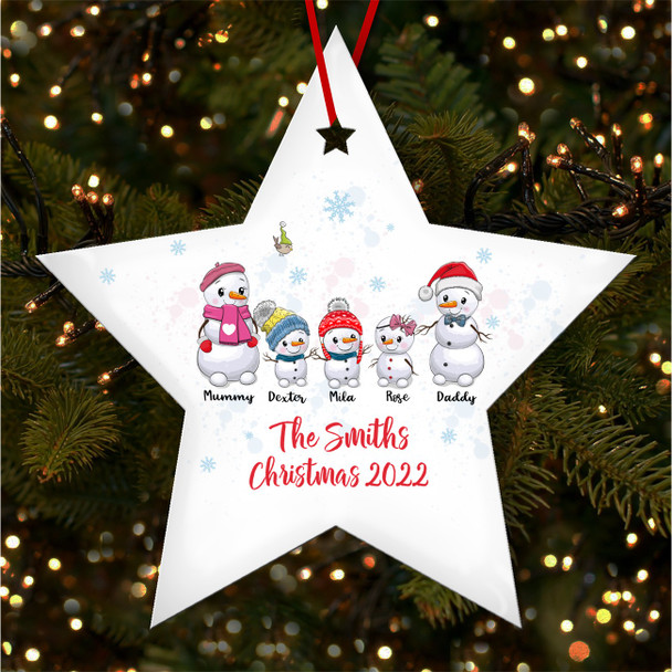 Snowman Family Of 5 Star Bauble Personalised Christmas Tree Ornament Decoration