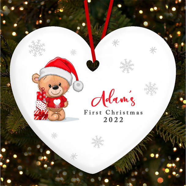 Teddy Santa Baby's 1st Heart Personalised Christmas Tree Ornament Decoration