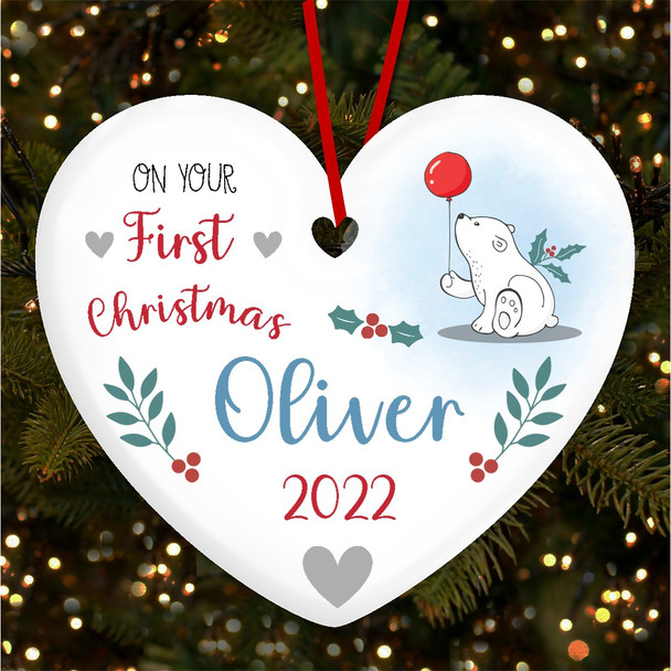 Your First Polar Bear Heart Personalised Christmas Tree Ornament Decoration